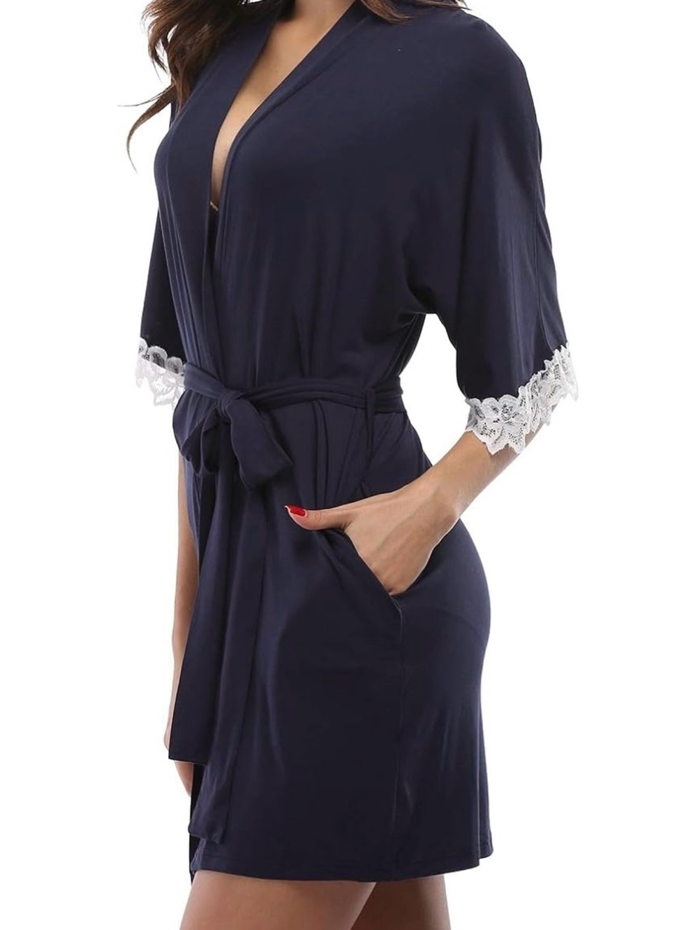 Navy Lace-Trim Women's Robe with Tie Belt